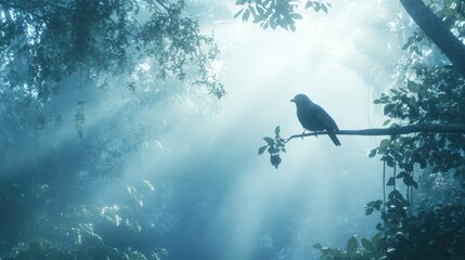 Fototapeta premium Mysterious scene of a bird resting on a branch in a misty forest, surrounded by ethereal light and a tranquil atmosphere.
