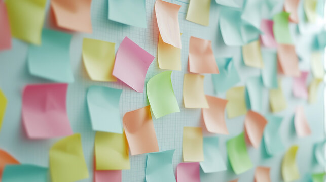 Colorful Sticky Notes on Wall: A vibrant collection of pastel-colored sticky notes adorns a wall, creating a visually engaging image perfect for representing brainstorming, planning.