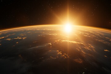Golden sunrise over Earth viewed from space shows vibrant colors and atmospheric beauty