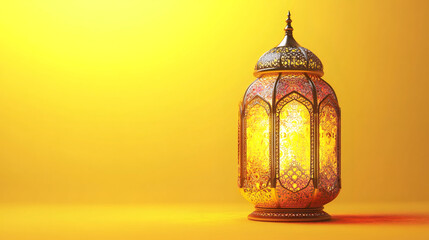Ornate golden lantern glowing warmly against a vibrant yellow backdrop, symbolizing the spirit of ramadan
