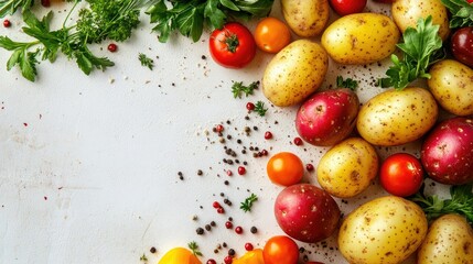 Overhead view of a wholesome potato salad featuring vibrant vegetables and fresh herbs on a clean white surface.