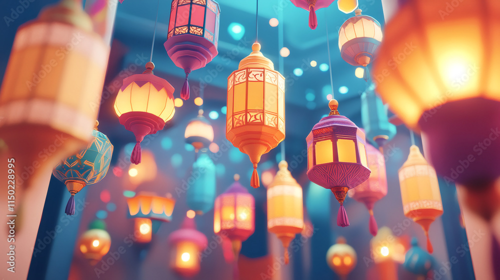 Poster vibrant lanterns light up ramadan evenings, fostering a joyous ambiance of unity and contemplation