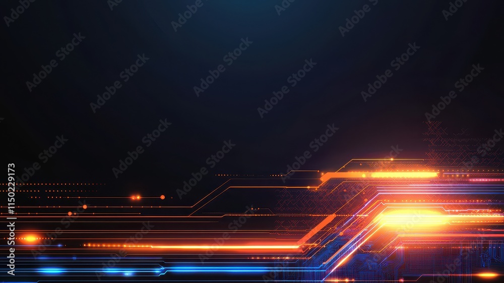Wall mural dynamic digital abstract with glowing lines on a dark background.