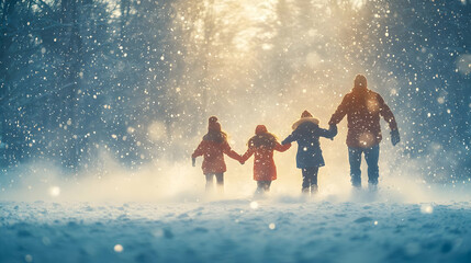 Joyful Family Playing in Snow Fun Activities Bonding Moments Plain Background with Copy Space