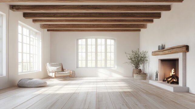 White room with wooden flooring and ceiling beams. fire place on right. wide format