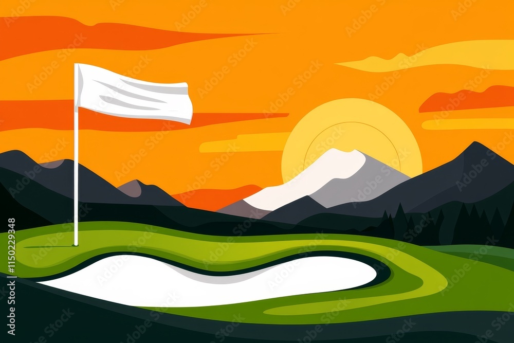 Poster a sleek vector illustration of a golf flag blowing in the wind on a simplified green, using bold geo