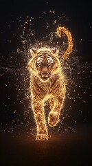 Fototapeta premium Ethereal tiger runs through a cascade of sparkling light in a mystical galaxy