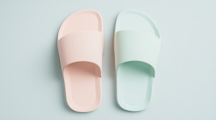 Pastel Paradise: A pair of soft, pastel-colored slides, perfect for a relaxing day indoors or by the pool.  A pink and a green slide, side by side.  Minimalist and modern. 
