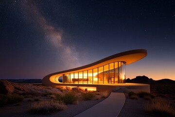 Modern architectural masterpiece illuminated under a starry sky in a desert landscape