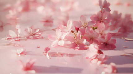 Obraz premium A picturesque cluster of cherry blossoms scattered on a pale pink surface creating a dreamy springtime aesthetic