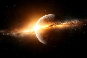 Naklejka premium Cosmic explosion illuminates a distant planet amidst swirling galaxies and stars in deep space