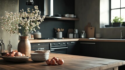 Rustic kitchen setting with a dark, dramatic color palette and a simple wooden table in soft lighting.