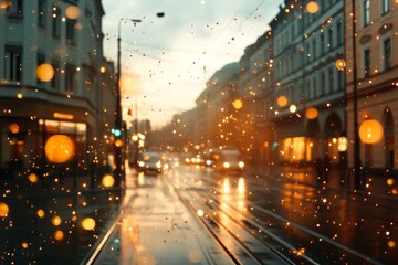 Rainy evening in a vibrant city with glowing street lights and reflections on wet pavements