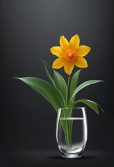 A vibrant yellow flower with green leaves stands elegantly in a clear glass vase filled with water against a dark backdrop. Simple, clean, and beautiful