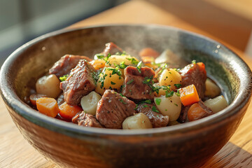 Hearty Reindeer Meat Stew with Vegetables in Rustic Bowl