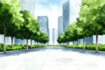 A soft watercolor painting of a futuristic cityscape blending lush green parks and glowing skyscrapers