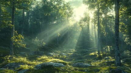 Obraz premium A serene forest scene with sunlight filtering through trees, creating a tranquil atmosphere.