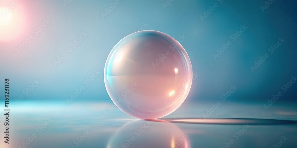 Poster a translucent sphere rests on a reflective surface, illuminated by soft light