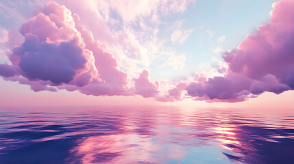 A tranquil ocean view under a sky filled with vivid magenta and violet clouds reflected perfectly on the water