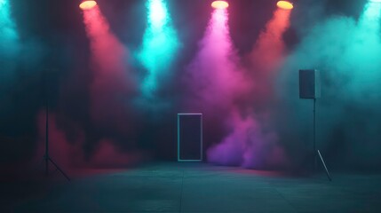 Stage setup with colorful spotlights, smoke, and a lone speaker on the floor