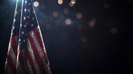 Flag Fireworks Night - Patriotism, celebration, freedom, hope, and remembrance are symbolized in this image of a flag with vibrant fireworks in the background.