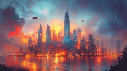 Fototapeta premium A futuristic cityscape at dusk with vibrant colors and UFOs hovering above.