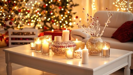 A white coffee table adorned with candles and a decorative vase, set against an elegantly