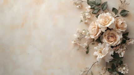 Elegant antique rose bouquet with delicate petals arranged on a soft textured beige background evoking timeless beauty
