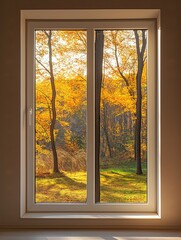 Beautiful autumn foliage view through a cozy window showcasing warm golden hues and serene nature