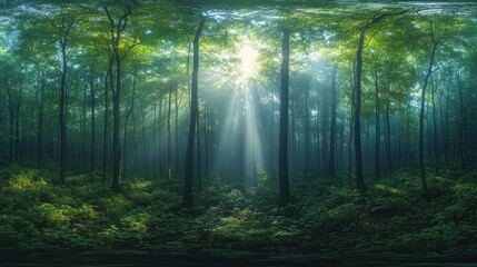 Naklejka premium A serene forest scene with sunlight filtering through trees, creating a tranquil atmosphere.