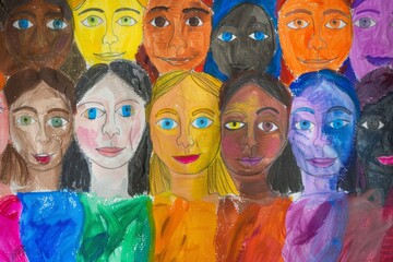 A painting of many faces with different colors and features