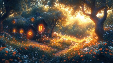 Enchanted forest cottage, sunset glow, blooming flowers.