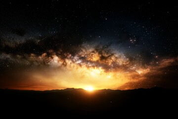 Stunning view of the Milky Way glowing over distant mountains at dawn, captivating the beauty of the universe