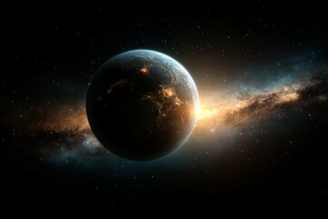 Naklejka premium Cosmic view of a planet illuminated by a distant star amidst a swirling galaxy at the edge of the universe
