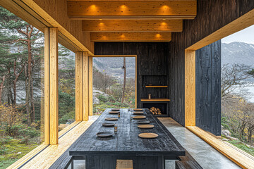 Fototapeta premium Modern dining space with panoramic views in a serene natural setting in autumn