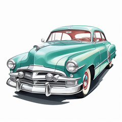 Classic teal vintage car, a timeless symbol of automotive elegance.  Its sleek lines and polished chrome gleam against a white background.