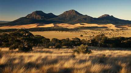Fototapeta premium Vast Desert Landscapes with Golden Grass and Blue Skies in Serene Natural Settings