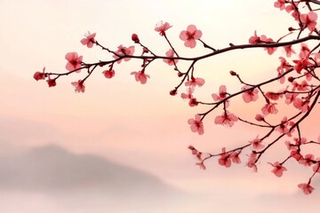 Cherry blossom branch in early morning light against a soft misty background