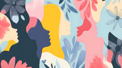 Inspirational women's day design with abstract female figures blending seamlessly into a floral pastel background