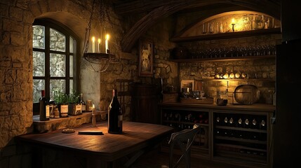 Obraz premium Warm and intimate kitchen interior with a dark background, wooden table, and soft, inviting lighting.