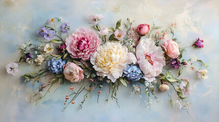 Intricate botanical arrangement of blooming peonies and wildflowers set against a subtle pastel backdrop radiating charm