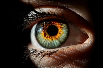 Close-up view of an eye showcasing vibrant colors and intricate patterns under contrasting lighting