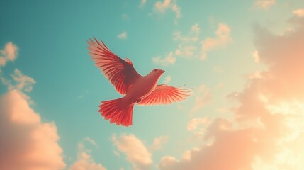 Obraz premium Red bird soaring in a vibrant sunset sky.