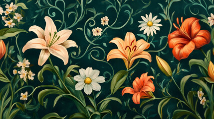 Romantic garden-inspired wallpaper featuring hand-painted lilies and daisies surrounded by curling green vines