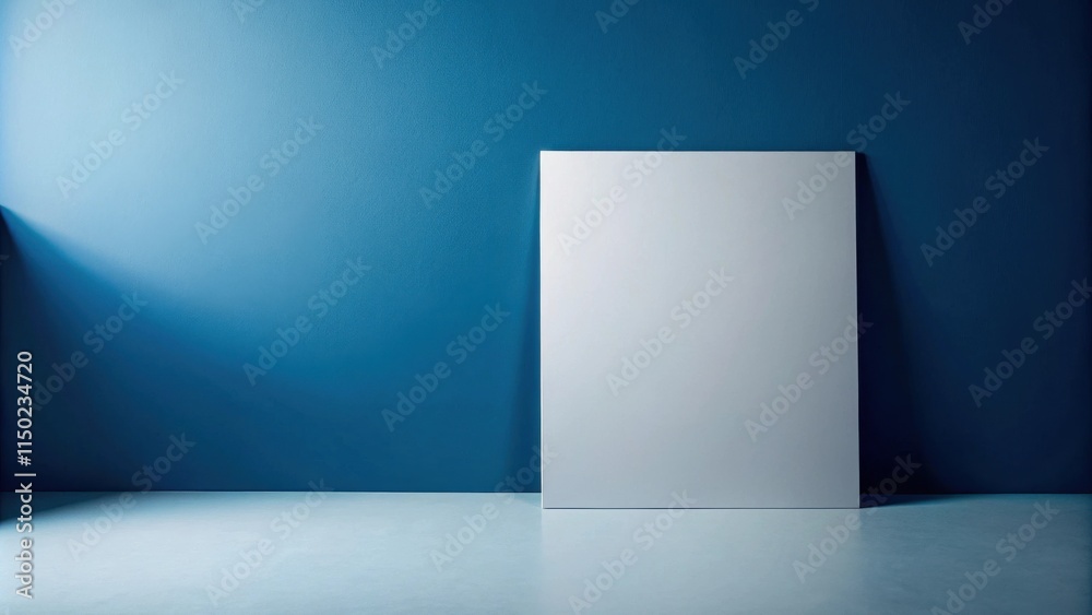 Aufkleber a blank white canvas stands against a deep blue wall, bathed in soft light, creating a minimalist an