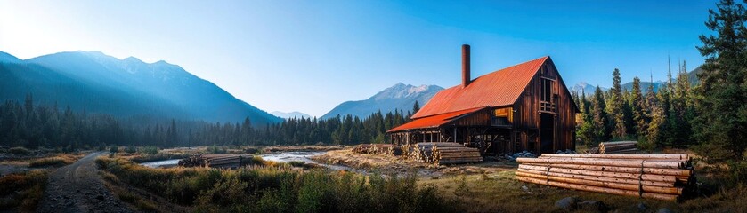 Scenic view of a rustic cabin surrounded by mountains and greenery.