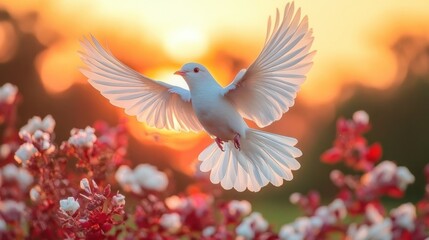 Obraz premium White dove in flight at sunset, surrounded by flowers.
