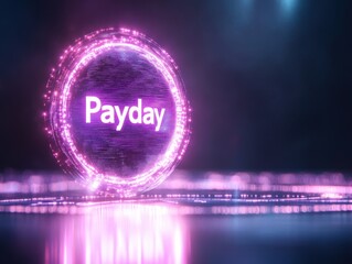 A glowing circular design featuring the word "Payday," set against a dark, blurred background with vibrant purple hues.