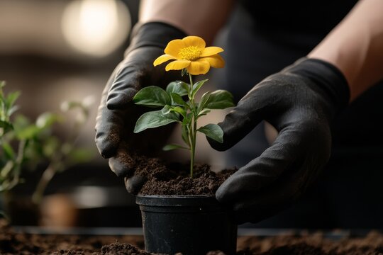 Caring for a newly planted yellow flower in a pot, showcasing gardening skills indoors
