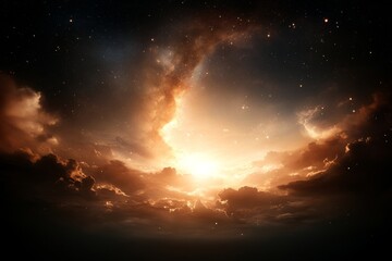 Dramatic cosmic landscape showcasing vibrant colors and swirling clouds during a stellar sunrise in deep space